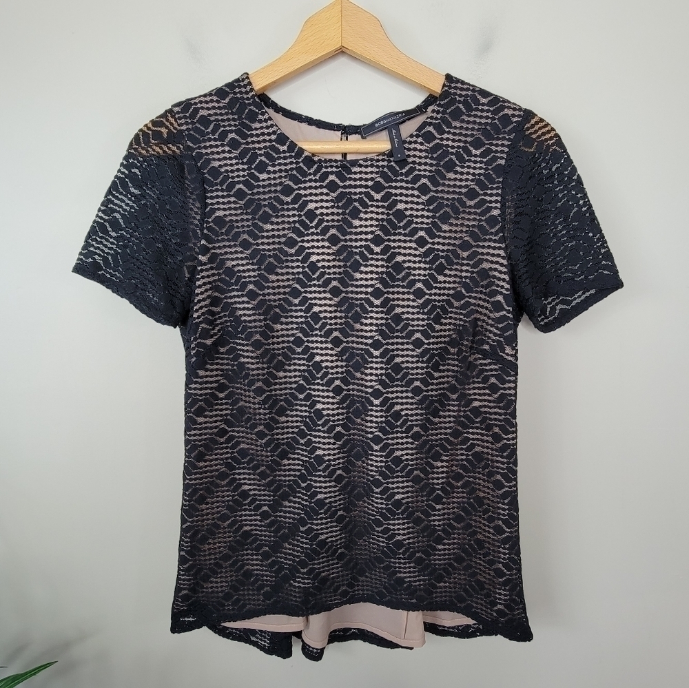 BCBGMAXAZRIA Black Lace Overlay Top Size Small Going Out Date Night Sexy Neutral